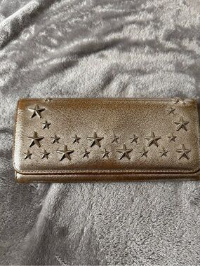 Jimmy Choo Distressed Metallic Silver Star Studded Embellished Long Wallet Used